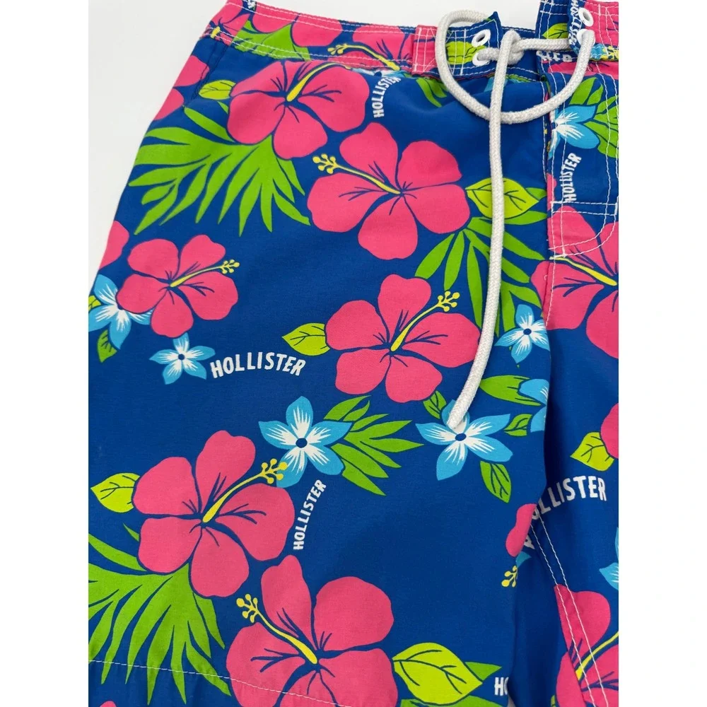 Hollister Board Shorts Men Large Blue Pink Hibiscus Floral Surf Beach Swim Trunk